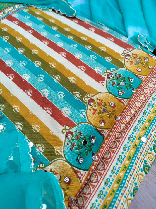 Rangini Teal Blue with Multicolor Stripes Rayon Suit Set with Mirror Work
