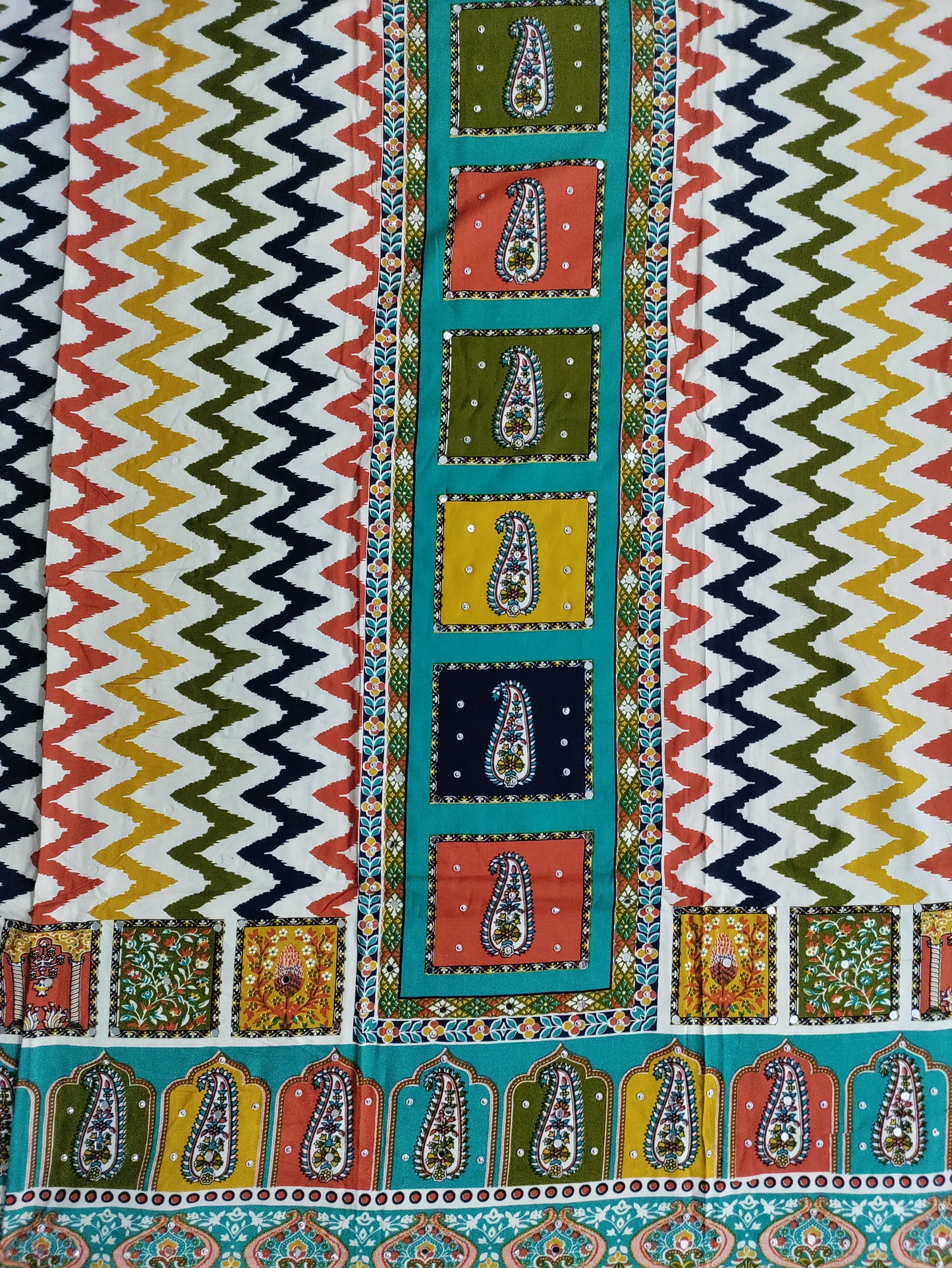 Varnika Aqua Blue - Colorful Printed Rayon Suit Set with Stone Work