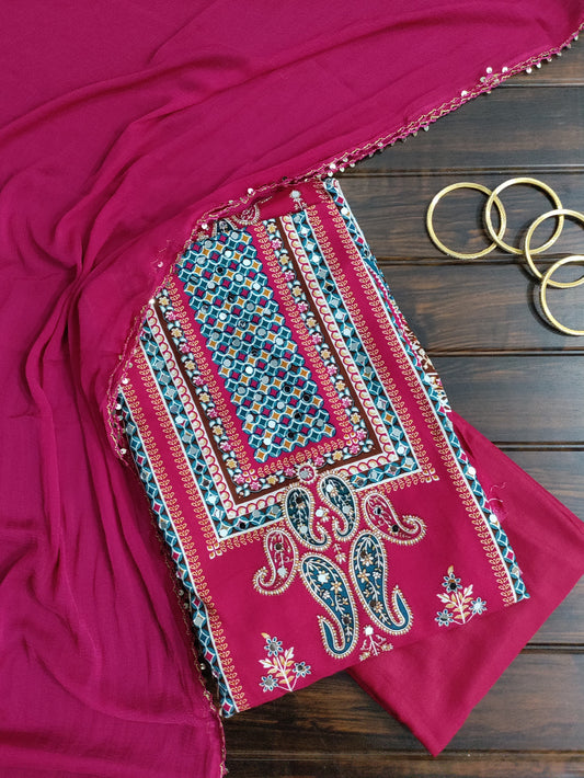 Saisha Rani Pink with Multicolor Stripes Rayon Suit Set with Mirror Work