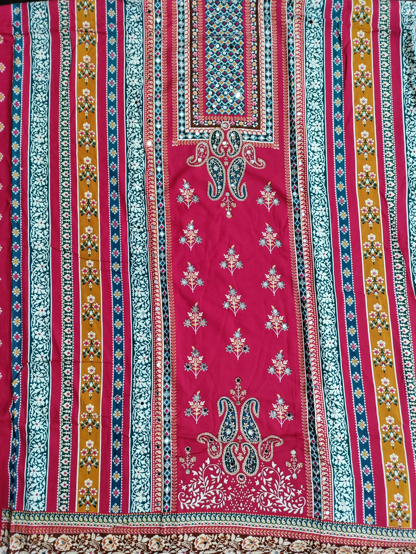 Saisha Rani Pink with Multicolor Stripes Rayon Suit Set with Mirror Work