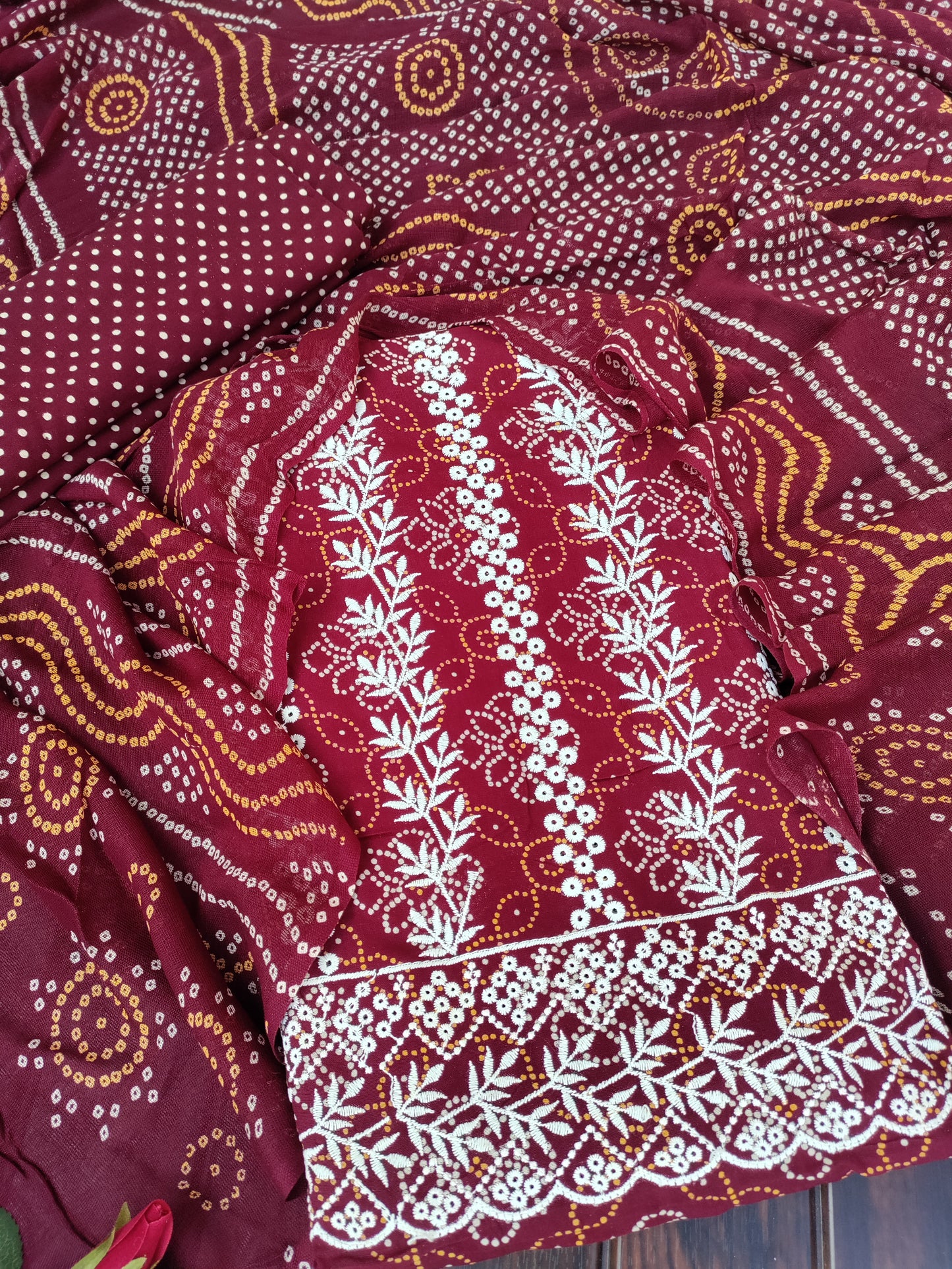 Kusumika Red Maroon Chikankari with Bandhani Print Suit Set and Bandhani Print Dupatta