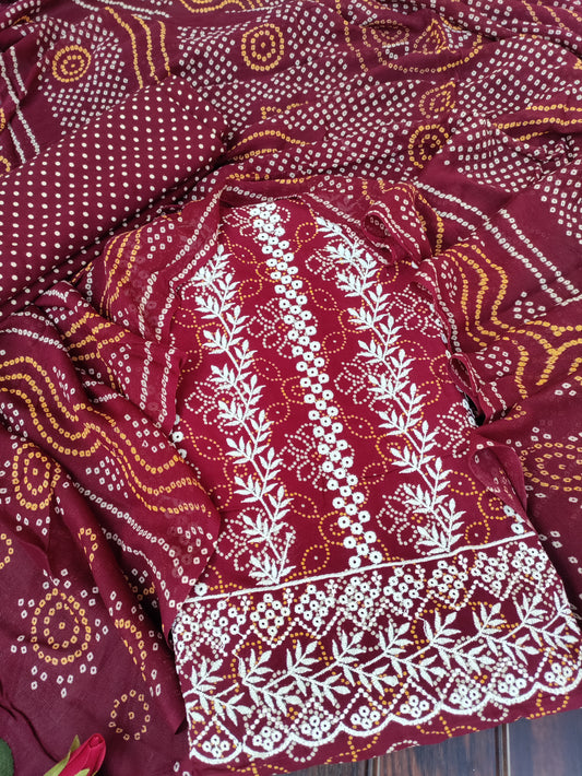 Kusumika Red Maroon Chikankari with Bandhani Print Suit Set and Bandhani Print Dupatta