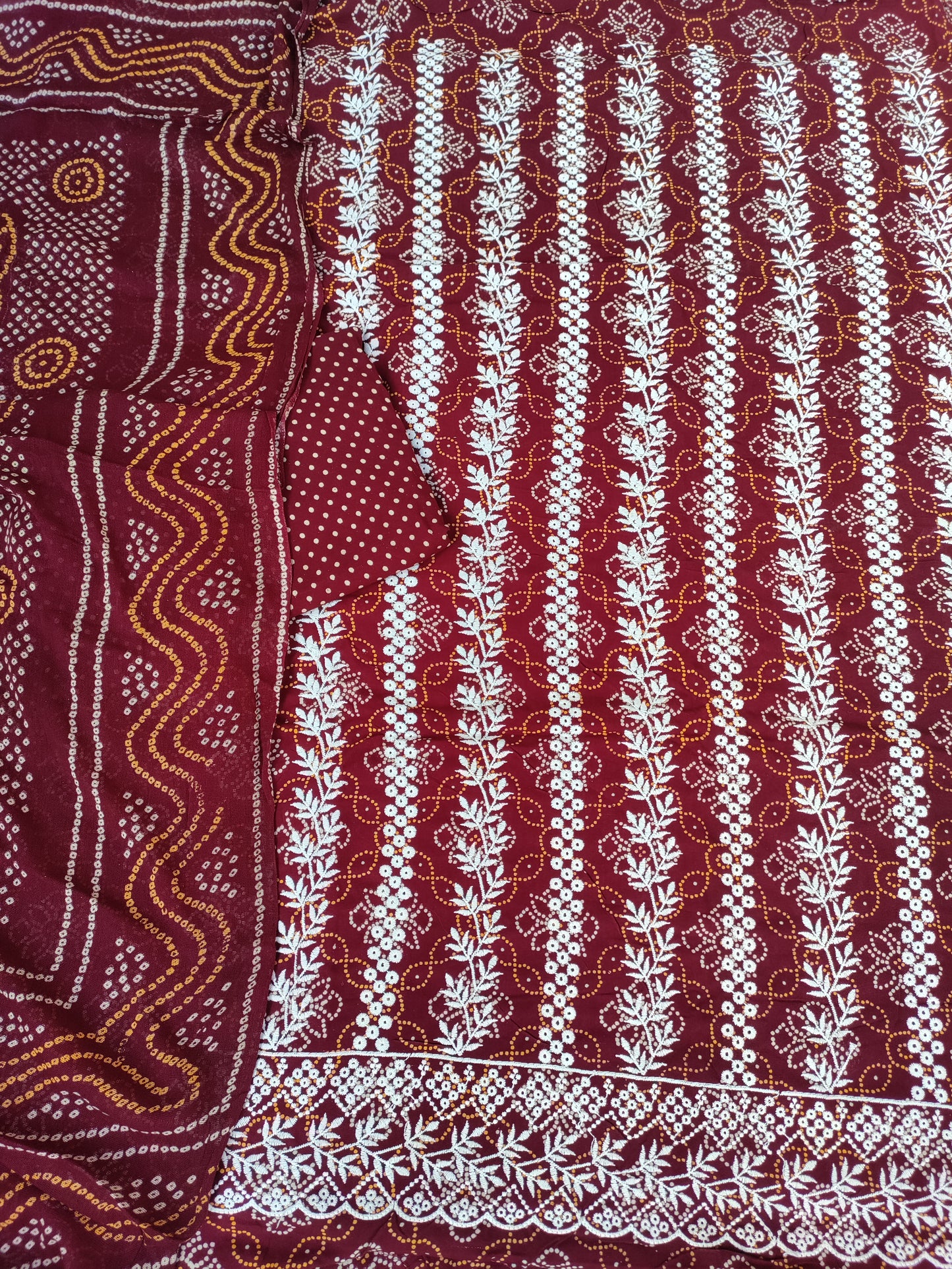 Kusumika Red Maroon Chikankari with Bandhani Print Suit Set and Bandhani Print Dupatta