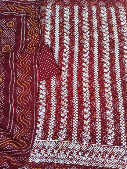 Kusumika Red Maroon Chikankari with Bandhani Print Suit Set and Bandhani Print Dupatta