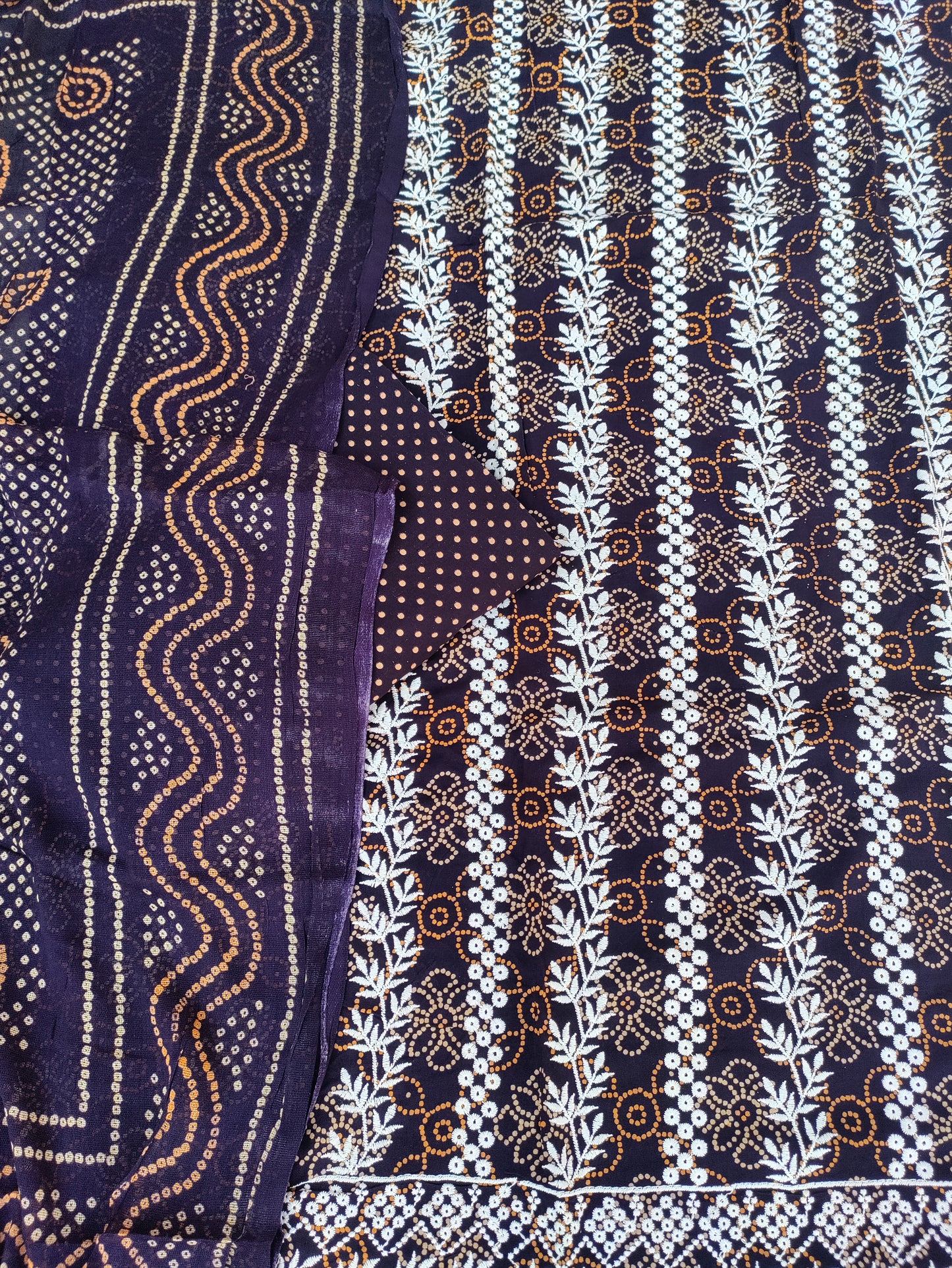 Kusumika Ink Blue Chikankari with Bandhani Print Suit Set and Bandhani Print Dupatta