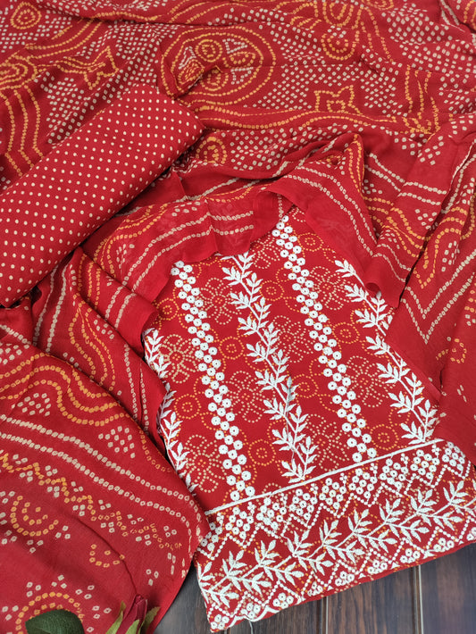 Kusumika Kesari Chikankari with Bandhani Print Suit Set and Bandhani Print Dupatta