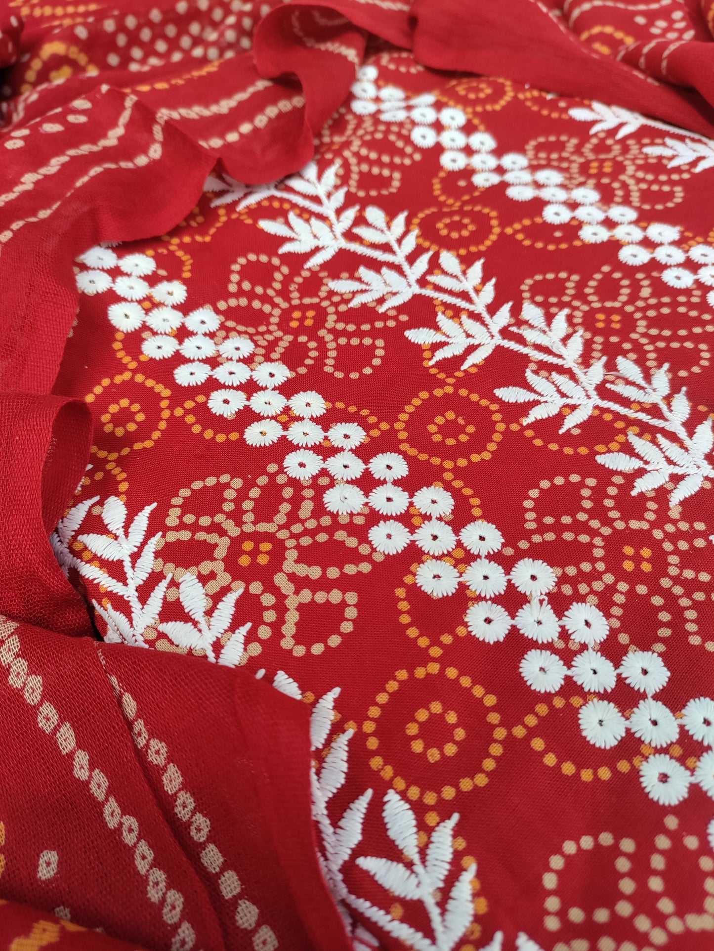 Kusumika Kesari Chikankari with Bandhani Print Suit Set and Bandhani Print Dupatta