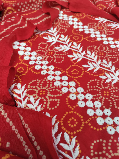 Kusumika Kesari Chikankari with Bandhani Print Suit Set and Bandhani Print Dupatta