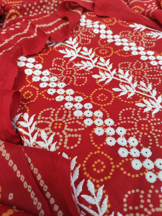 Kusumika Kesari Chikankari with Bandhani Print Suit Set and Bandhani Print Dupatta