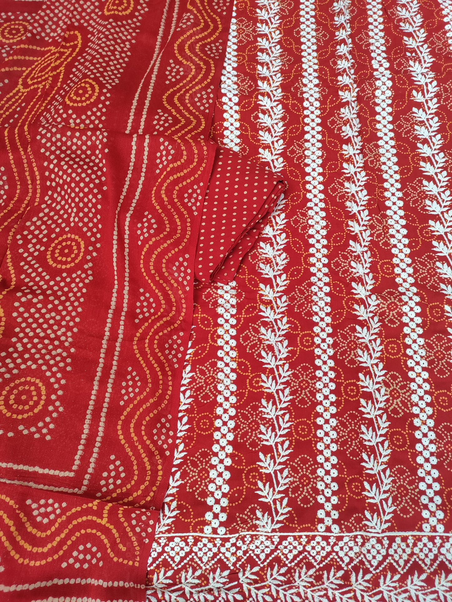Kusumika Kesari Chikankari with Bandhani Print Suit Set and Bandhani Print Dupatta