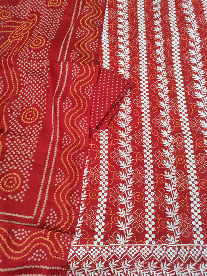 Kusumika Kesari Chikankari with Bandhani Print Suit Set and Bandhani Print Dupatta