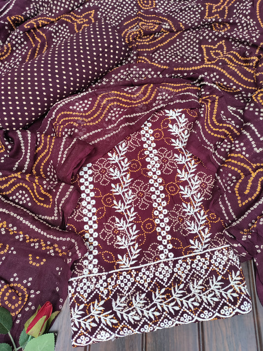 Kusumika Deep Maroon Chikankari with Bandhani Print Suit Set and Bandhani Print Dupatta