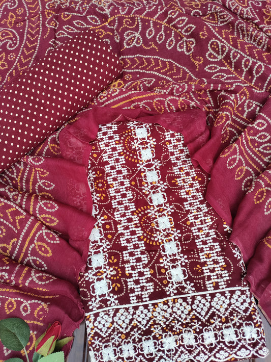 Tarini Red Maroon Chikankari with Bandhani Print Suit Set and Bandhani Print Dupatta