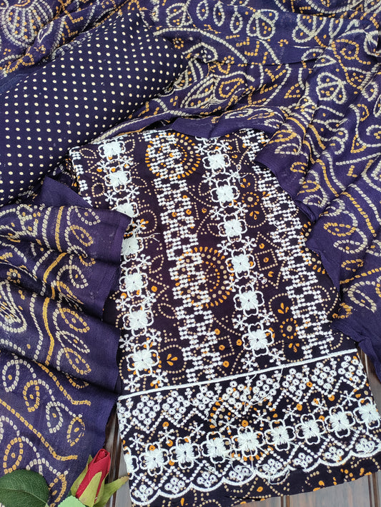 Tarini Ink Blue Chikankari with Bandhani Print Suit Set and Bandhani Print Dupatta