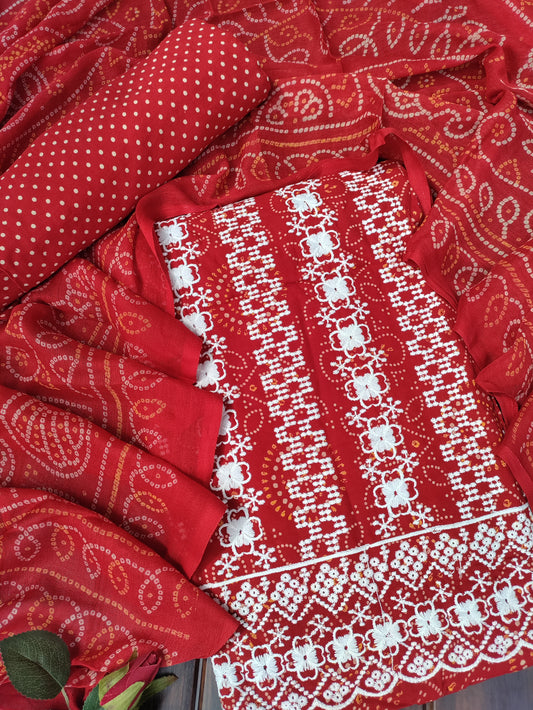 Tarini Kesari Chikankari with Bandhani Print Suit Set and Bandhani Print Dupatta