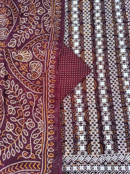 Tarini Deep Maroon Chikankari with Bandhani Print Suit Set and Bandhani Print Dupatta