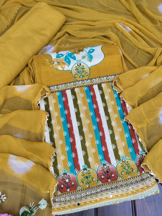 Rangini Mustard Yellow with Multicolor Stripes Rayon Suit Set with Mirror Work