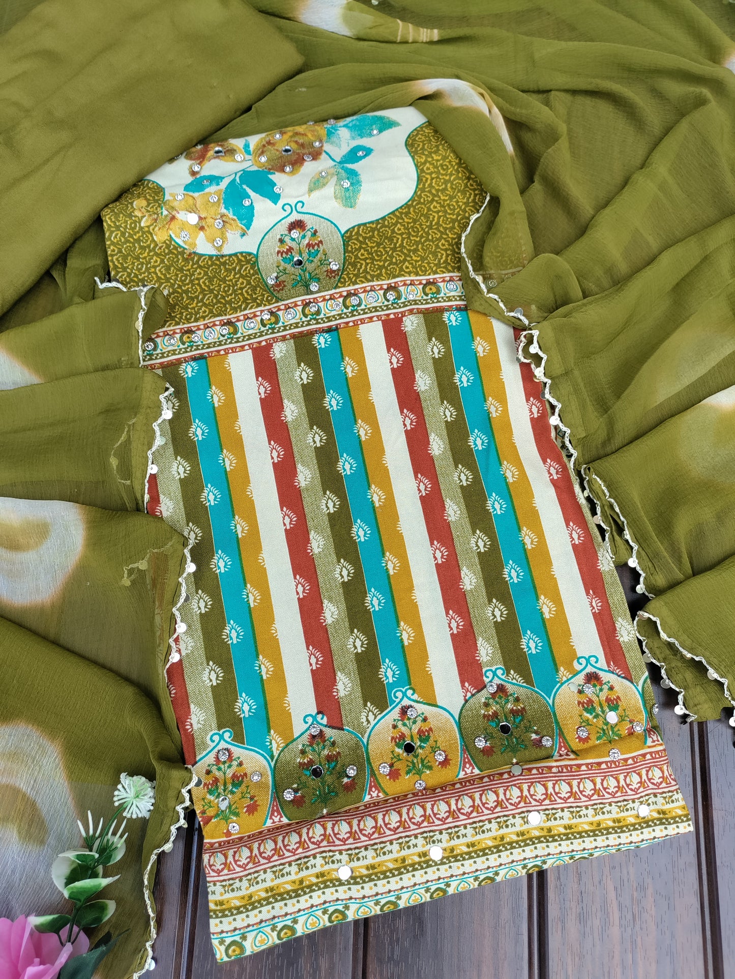 Rangini Olive Green with Multicolor Stripes Rayon Suit Set with Mirror Work