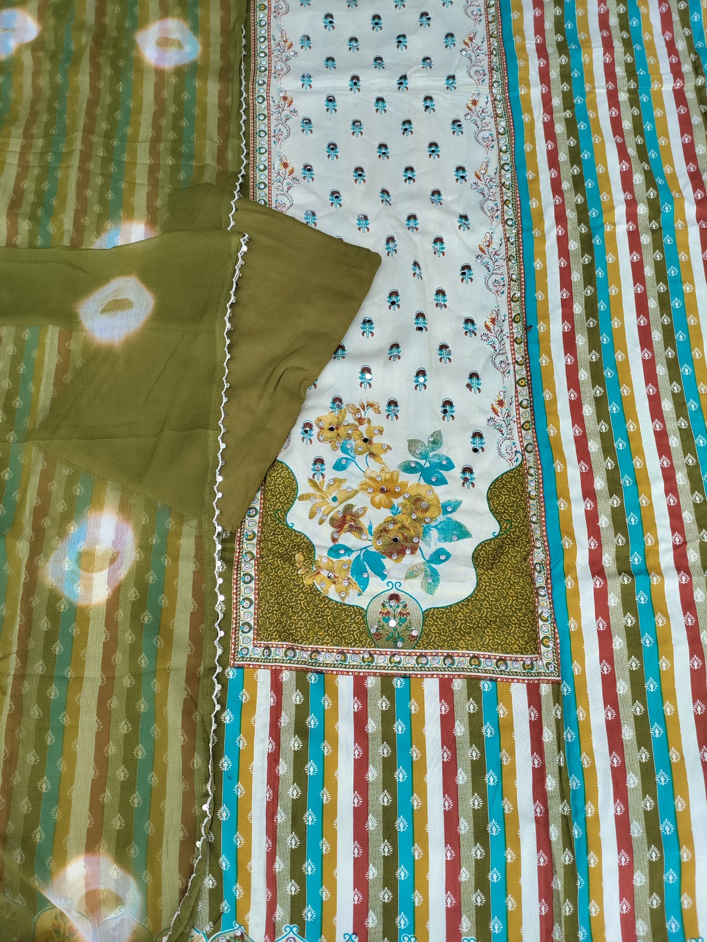 Rangini Olive Green with Multicolor Stripes Rayon Suit Set with Mirror Work
