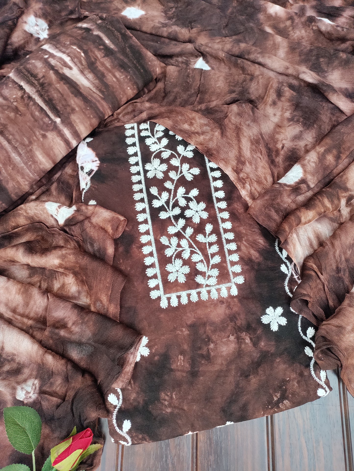 Anvika Brown Bhandani and Chikankari Suit Set with Bandhani Dupatta
