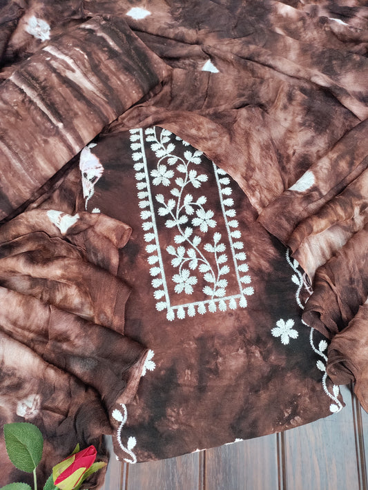 Anvika Brown Bhandani and Chikankari Suit Set with Bandhani Dupatta