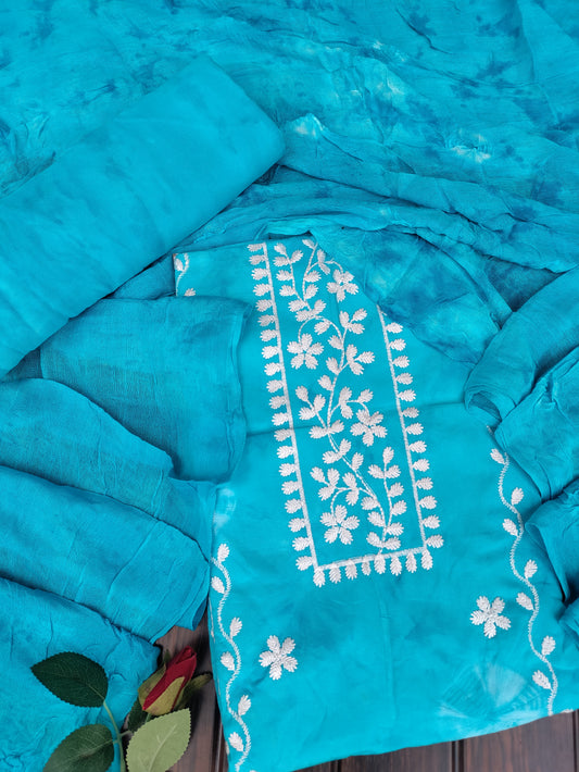 Anvika Aqua Blue Bhandani and Chikankari Suit Set with Bandhani Dupatta