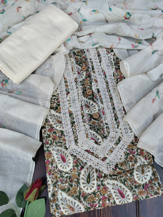 Aarvi printed cotton and Beige Thread Work Patch Suit Set with Thread Work Dupatta