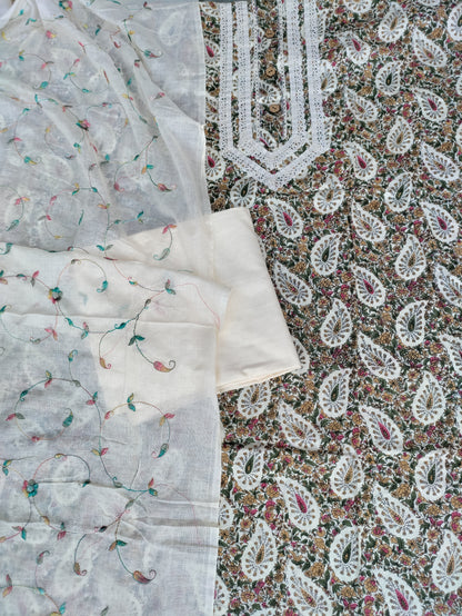 Aarvi printed cotton and Beige Thread Work Patch Suit Set with Thread Work Dupatta