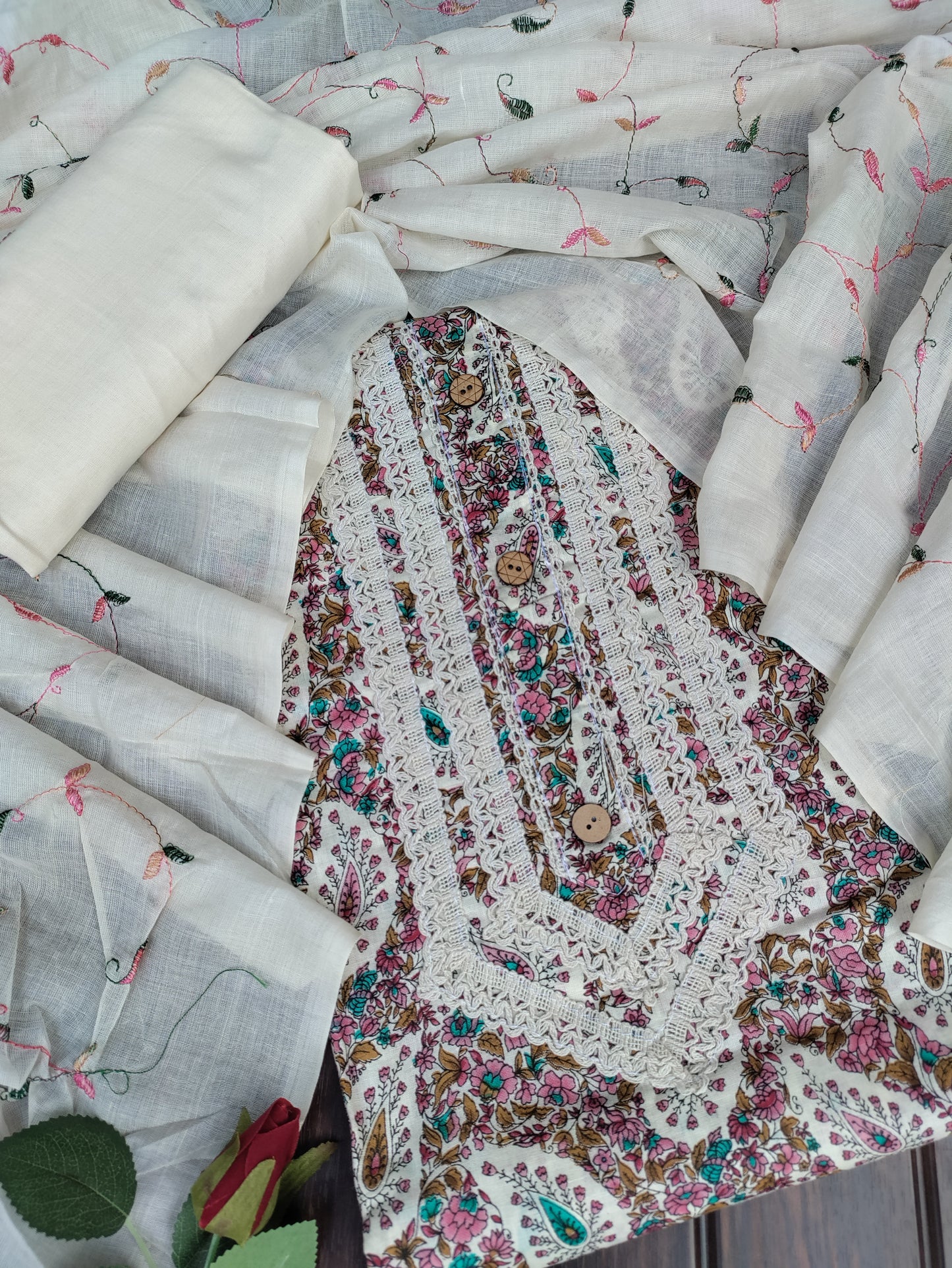 Meira printed cotton and Beige Thread Work Patch Suit Set with Thread Work Dupatta