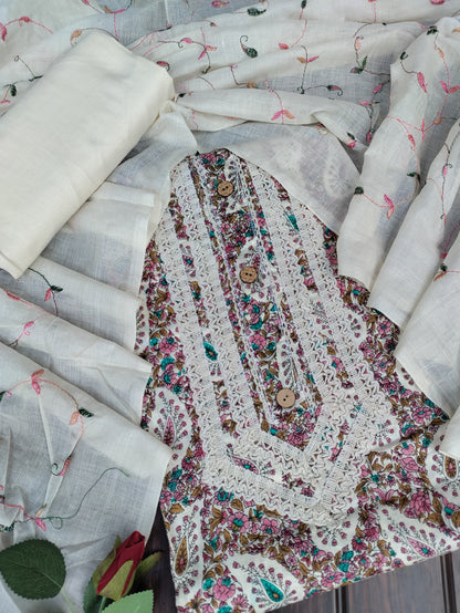 Meira printed cotton and Beige Thread Work Patch Suit Set with Thread Work Dupatta