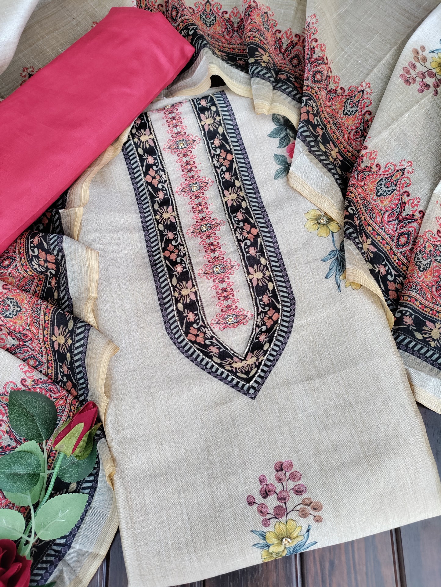Meera Beige Chanderi Unstitched Suit Set with Chanderi Duppata