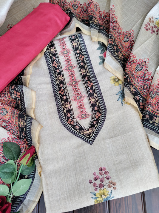Meera Beige Chanderi Unstitched Suit Set with Chanderi Duppata