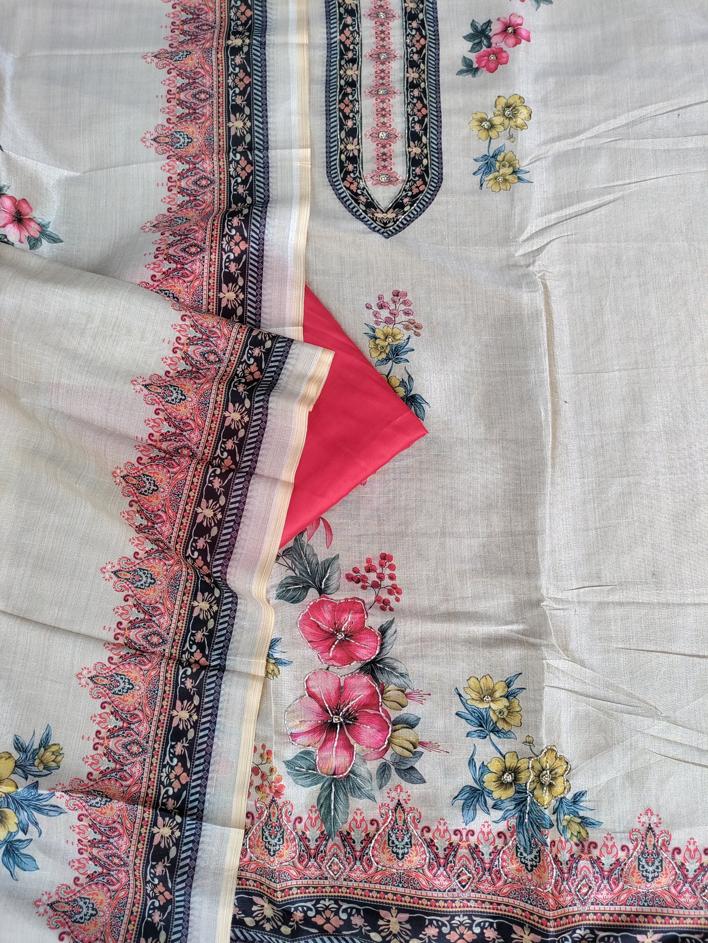 Meera Beige Chanderi Unstitched Suit Set with Chanderi Duppata