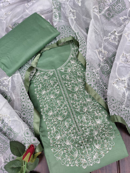 Aarika Olive Green and Embroidery Stone Work on Neck with Thread Work Dupatta