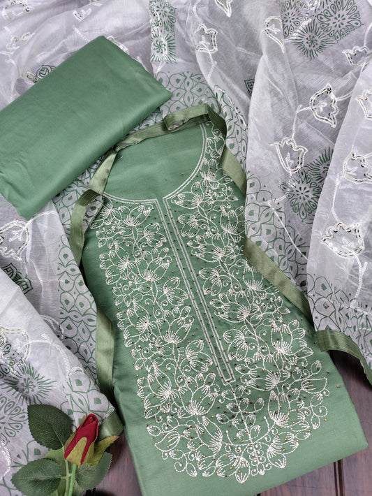 Aarika Olive Green and Embroidery Stone Work on Neck with Thread Work Dupatta