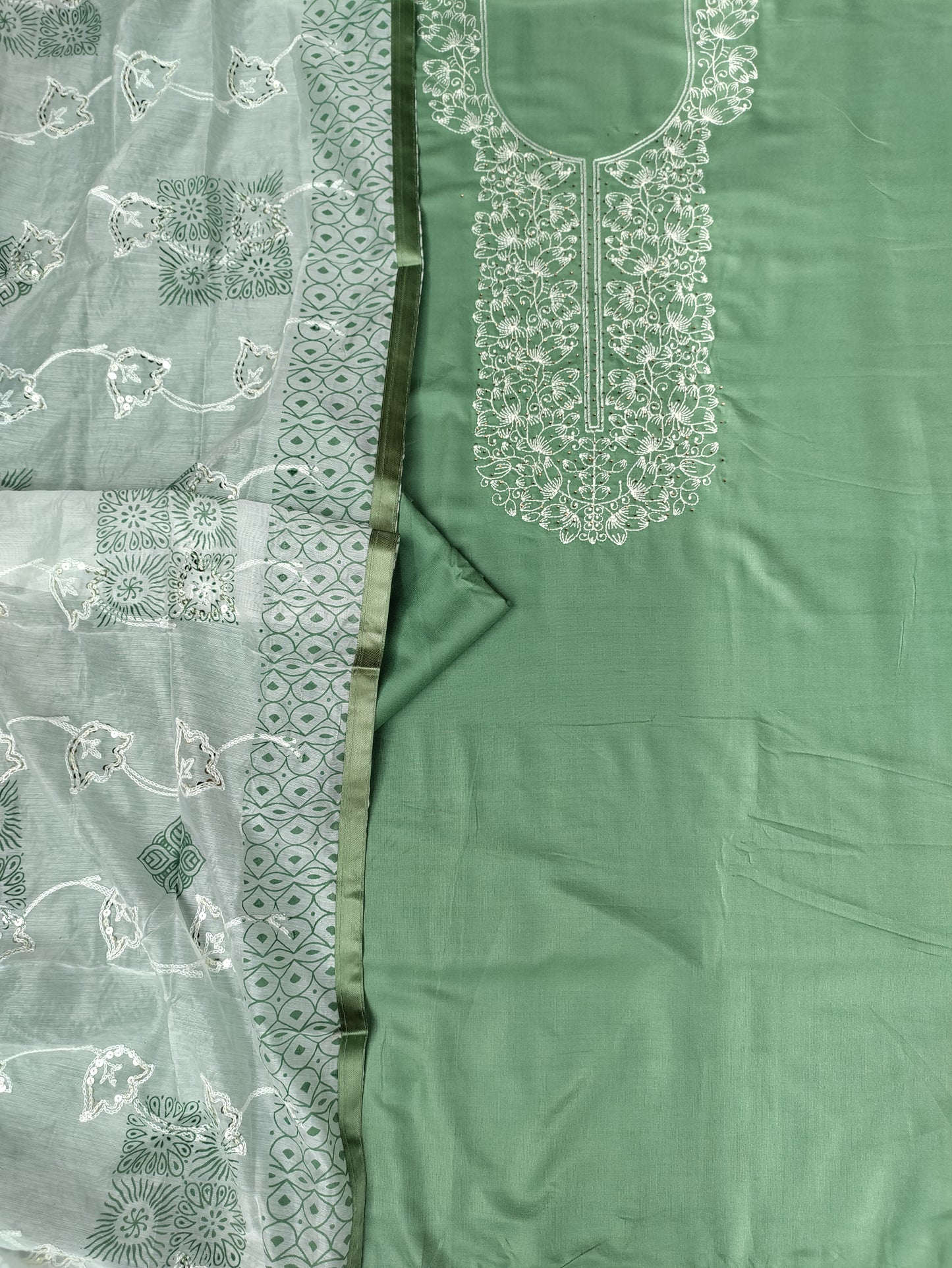 Aarika Olive Green and Embroidery Stone Work on Neck with Thread Work Dupatta