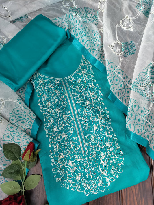 Aarika Aqua and Embroidery Stone Work on Neck with Thread Work Dupatta