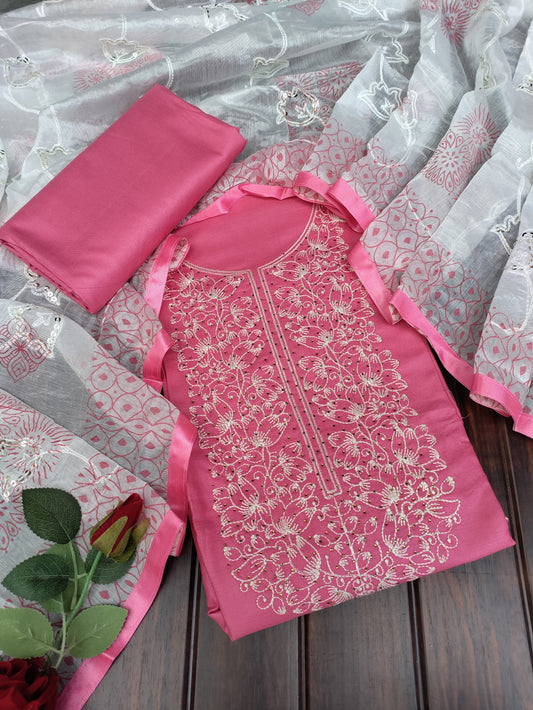 Aarika Pink and Embroidery Stone Work on Neck with Thread Work Dupatta