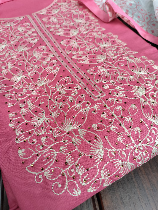 Aarika Pink and Embroidery Stone Work on Neck with Thread Work Dupatta