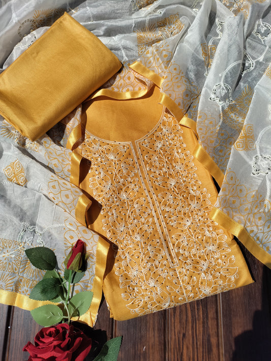 Aarika Yellow and Embroidery Stone Work on Neck with Thread Work Dupatta