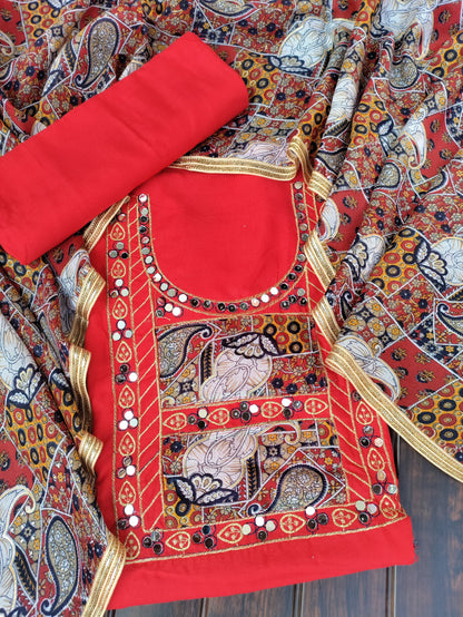 Rajwadi Red and Heavy Mirror work on Neck Suit Set with Rajwadi Printed Cotton Dupatta