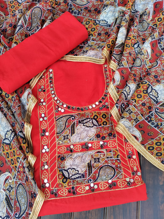 Rajwadi Red and Heavy Mirror work on Neck Suit Set with Rajwadi Printed Cotton Dupatta