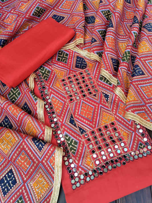 Rajwadi Red and Heavy Mirror work Patch Suit Set with Rajwadi Printed Cotton Dupatta