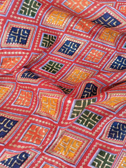 Rajwadi Red and Heavy Mirror work Patch Suit Set with Rajwadi Printed Cotton Dupatta
