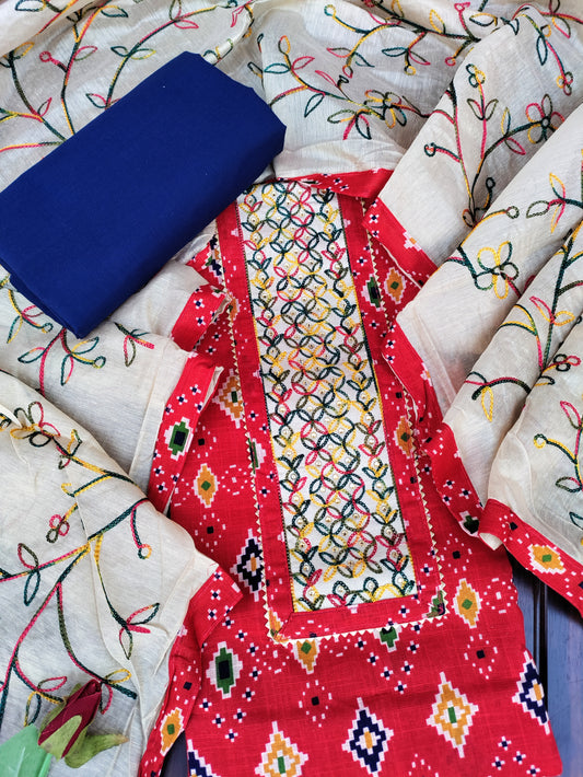 Navrang Red Ikkat Print with Thread Embroidery Patch Cotton Linen Suit Set