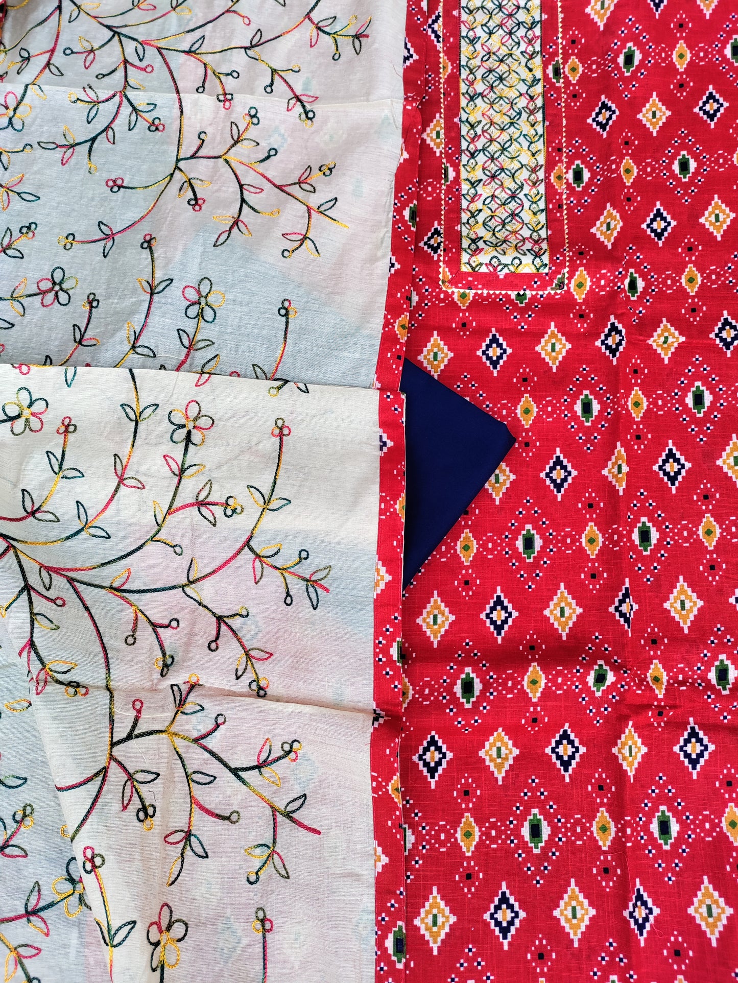Navrang Red Ikkat Print with Thread Embroidery Patch Cotton Linen Suit Set