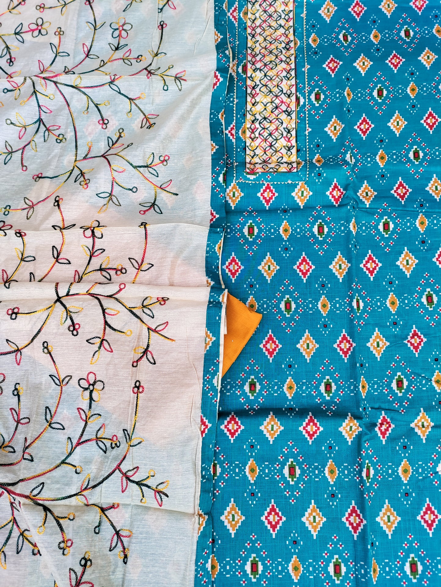 Navrang Blue Ikkat Print with Thread Embroidery Patch Cotton Linen Suit Set
