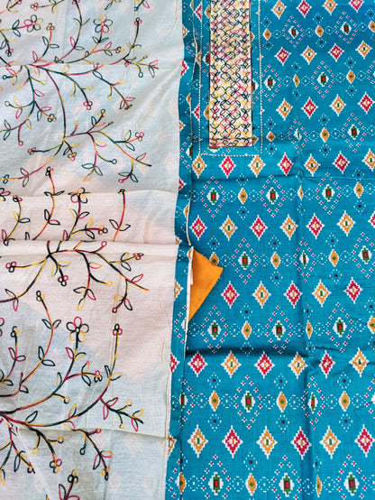 Navrang Blue Ikkat Print with Thread Embroidery Patch Cotton Linen Suit Set