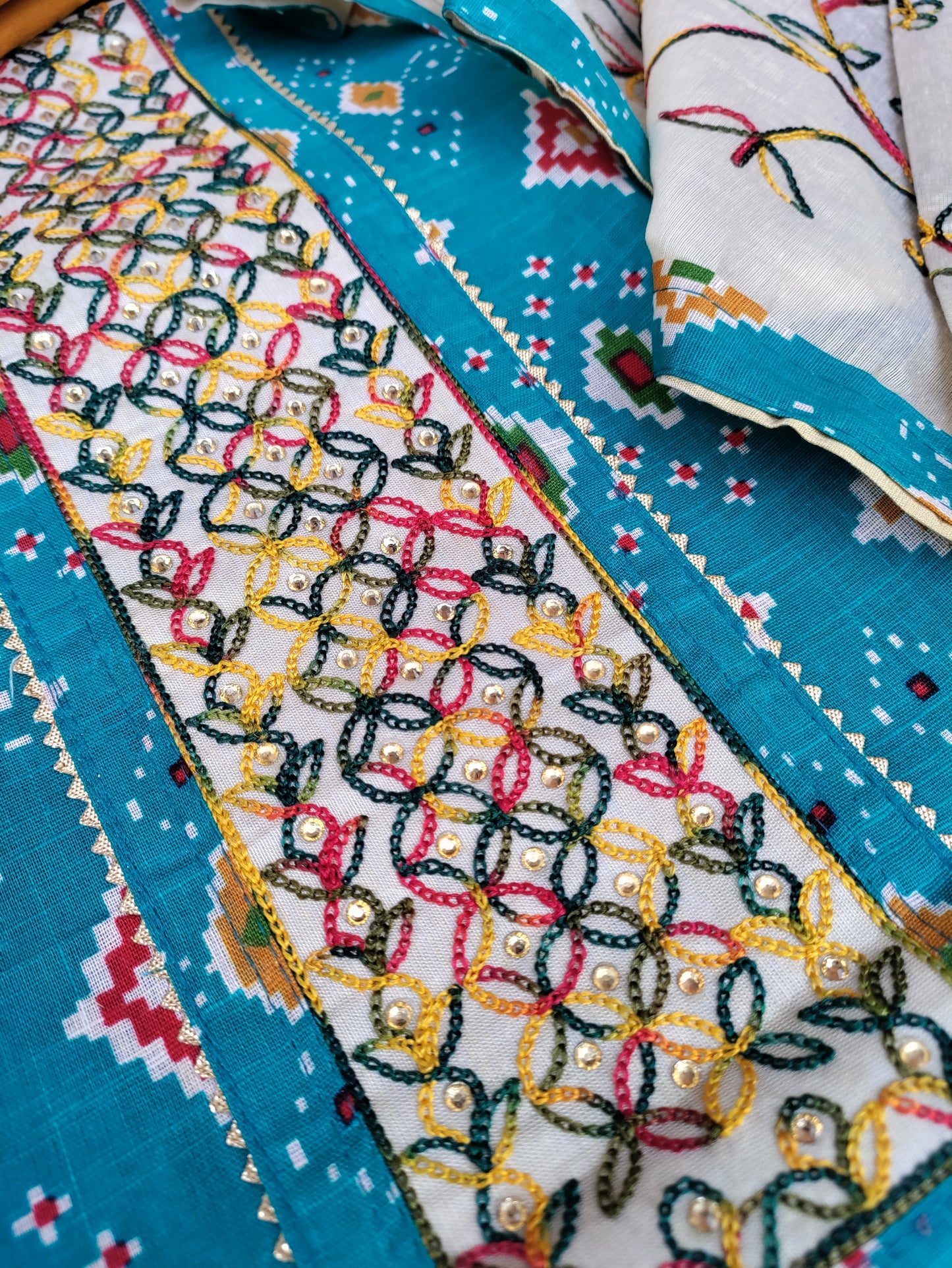 Navrang Blue Ikkat Print with Thread Embroidery Patch Cotton Linen Suit Set