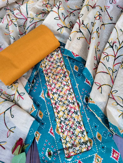 Navrang Blue Ikkat Print with Thread Embroidery Patch Cotton Linen Suit Set